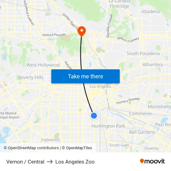 Vernon / Central to Los Angeles Zoo map
