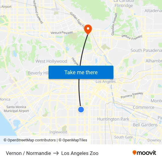 Vernon / Normandie to Los Angeles Zoo map
