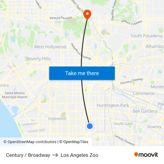 Century / Broadway to Los Angeles Zoo map