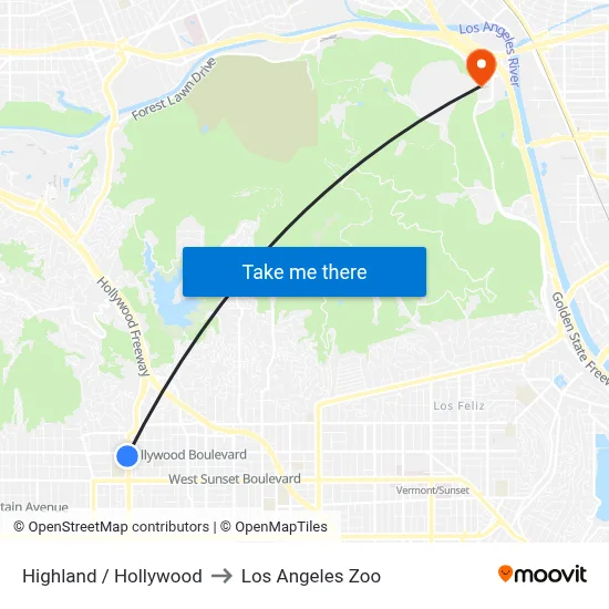 Highland / Hollywood to Los Angeles Zoo map