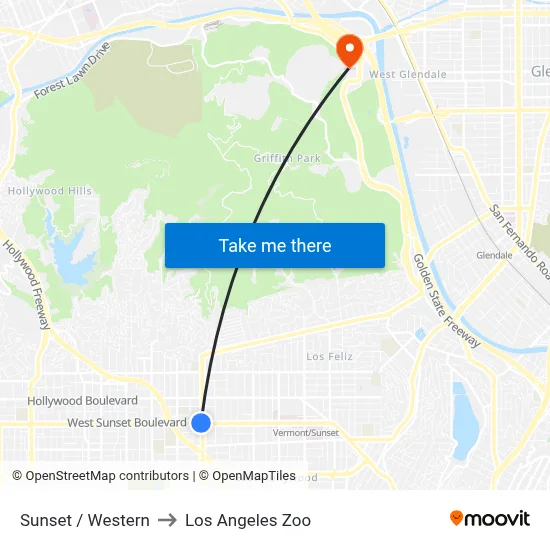 Sunset / Western to Los Angeles Zoo map