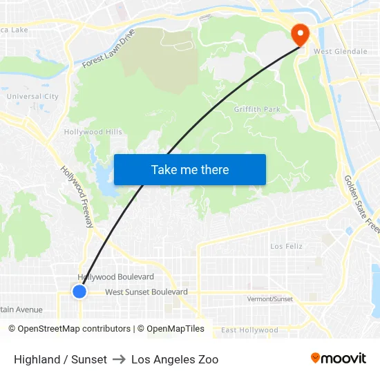 Highland / Sunset to Los Angeles Zoo map