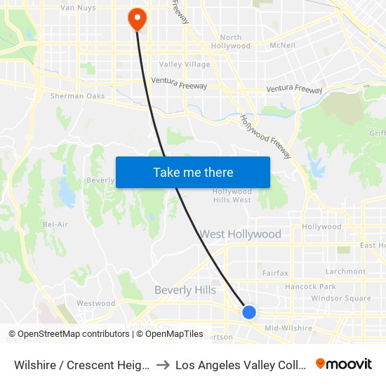 Wilshire / Crescent Heights to Los Angeles Valley College map