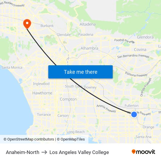 Anaheim-North to Los Angeles Valley College map