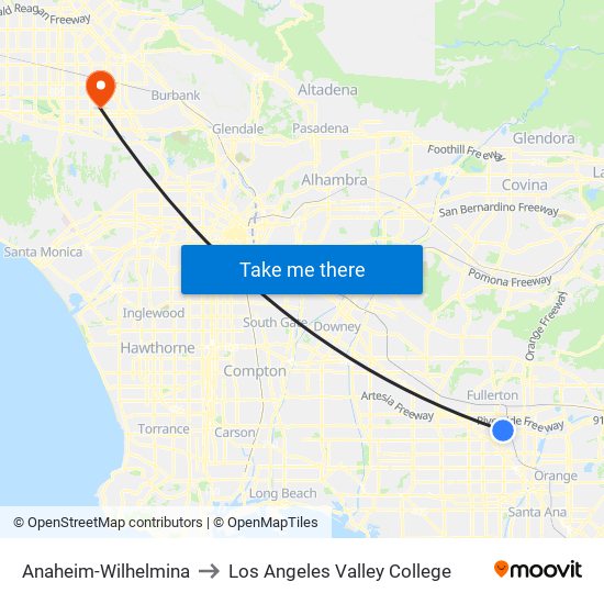 Anaheim-Wilhelmina to Los Angeles Valley College map