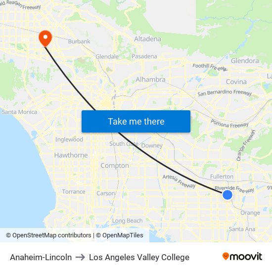 Anaheim-Lincoln to Los Angeles Valley College map