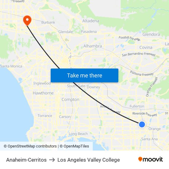 Anaheim-Cerritos to Los Angeles Valley College map