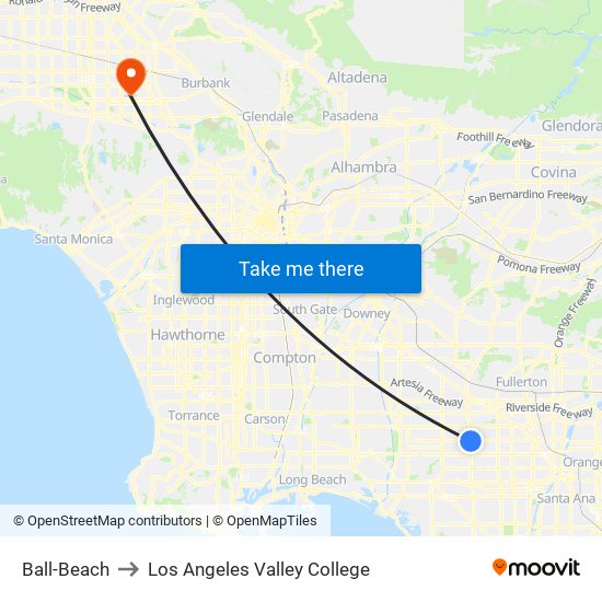 Ball-Beach to Los Angeles Valley College map