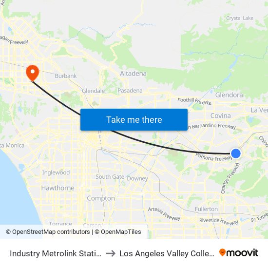 Industry Metrolink Station to Los Angeles Valley College map