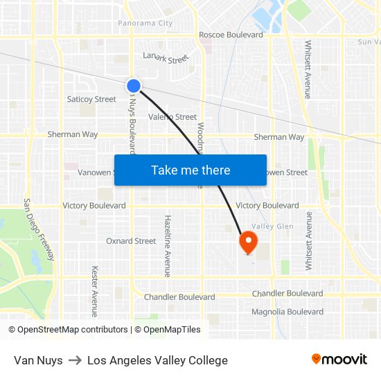 Van Nuys to Los Angeles Valley College map