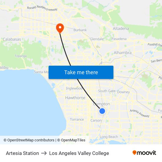 Artesia Station to Los Angeles Valley College map