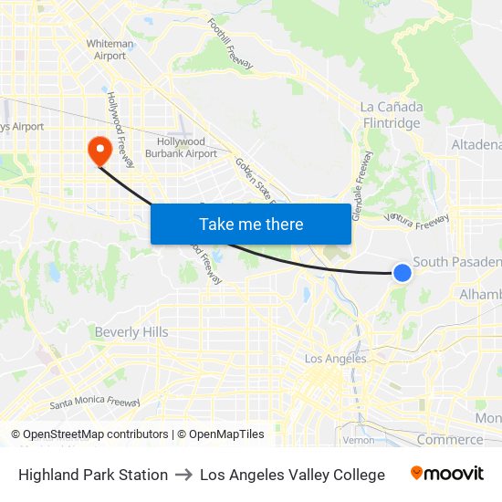 Highland Park Station to Los Angeles Valley College map