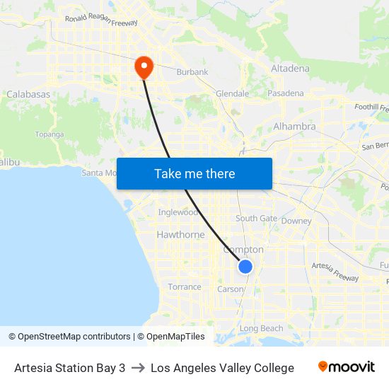 Artesia Station Bay 3 to Los Angeles Valley College map