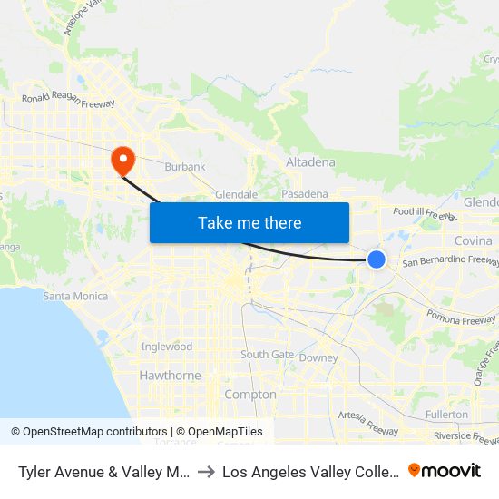 Tyler Avenue & Valley Mall to Los Angeles Valley College map