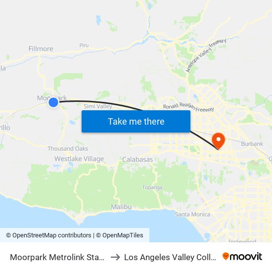 Moorpark Metrolink Station to Los Angeles Valley College map