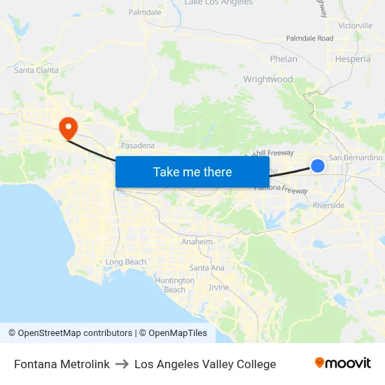 Fontana Metrolink to Los Angeles Valley College map