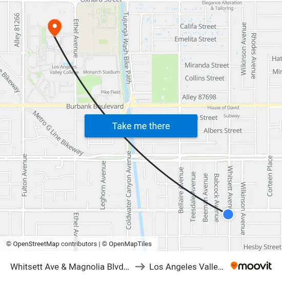 Whitsett Ave & Magnolia Blvd Southbound to Los Angeles Valley College map