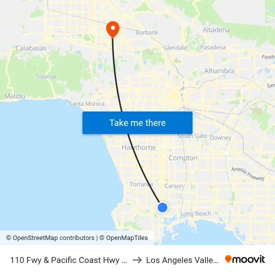 110 Fwy & Pacific Coast Hwy (Westbound) to Los Angeles Valley College map