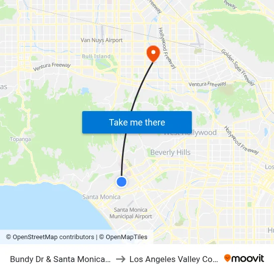 Bundy Dr & Santa Monica Blvd to Los Angeles Valley College map