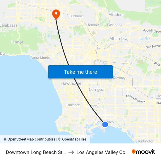 Downtown Long Beach Station to Los Angeles Valley College map