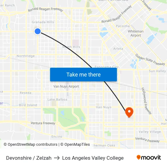 Devonshire / Zelzah to Los Angeles Valley College map