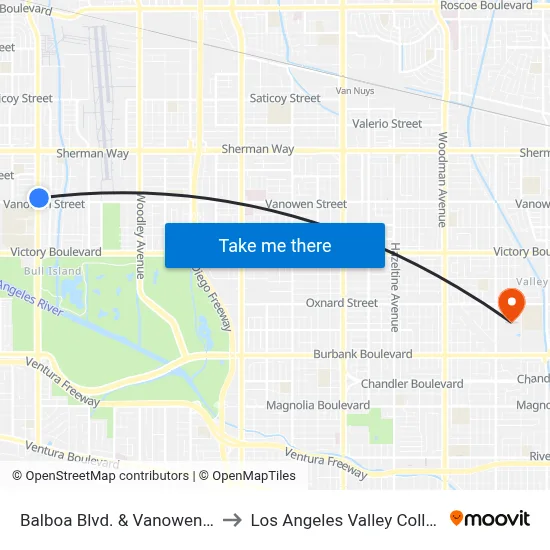 Balboa Blvd. & Vanowen St. to Los Angeles Valley College map