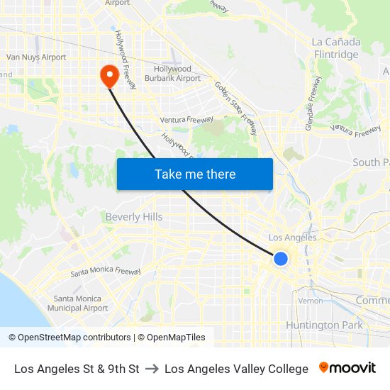 Los Angeles St & 9th St to Los Angeles Valley College map