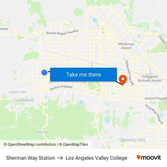 Sherman Way Station to Los Angeles Valley College map