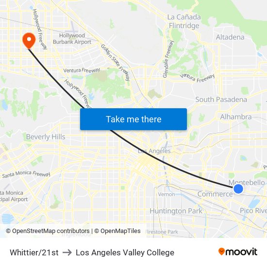 Whittier/21st to Los Angeles Valley College map