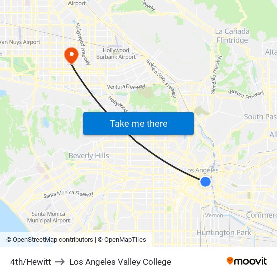 4th/Hewitt to Los Angeles Valley College map