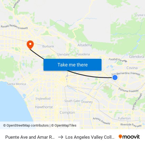 Puente Ave and Amar Rd N to Los Angeles Valley College map