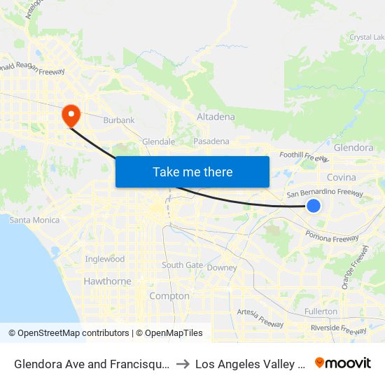 Glendora Ave and Francisquito Ave N to Los Angeles Valley College map