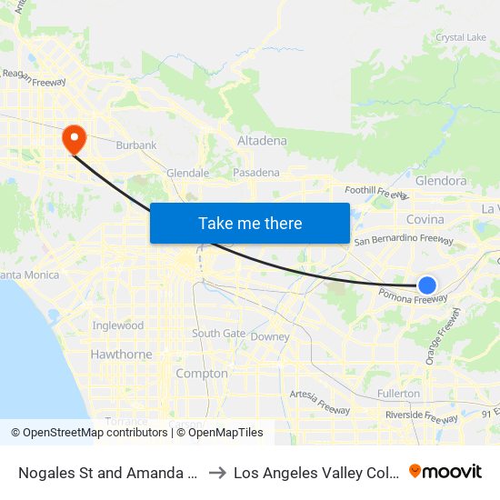 Nogales St and Amanda St W to Los Angeles Valley College map