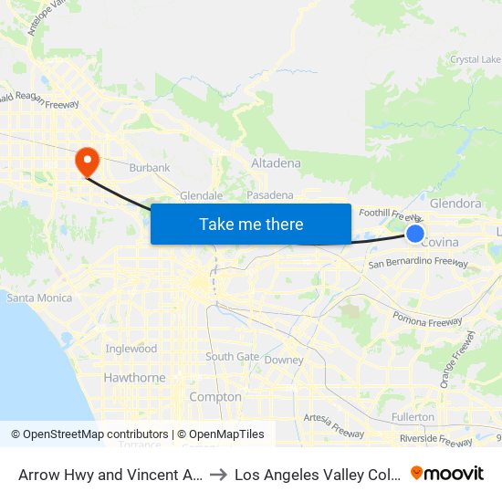 Arrow Hwy and Vincent Ave E to Los Angeles Valley College map