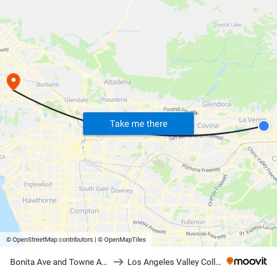 Bonita Ave and Towne Ave E to Los Angeles Valley College map