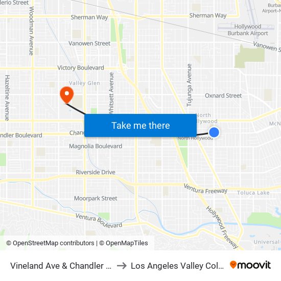 Vineland Ave & Chandler Blvd to Los Angeles Valley College map