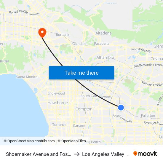 Shoemaker Avenue and Foster Road to Los Angeles Valley College map