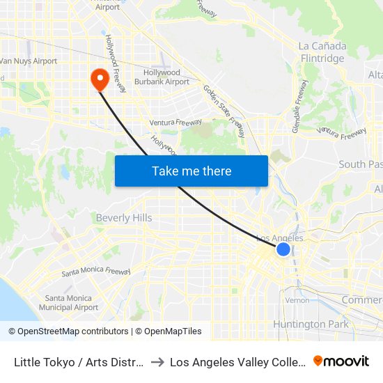 Little Tokyo / Arts District to Los Angeles Valley College map