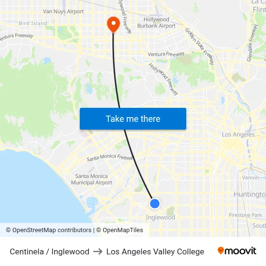 Centinela / Inglewood to Los Angeles Valley College map