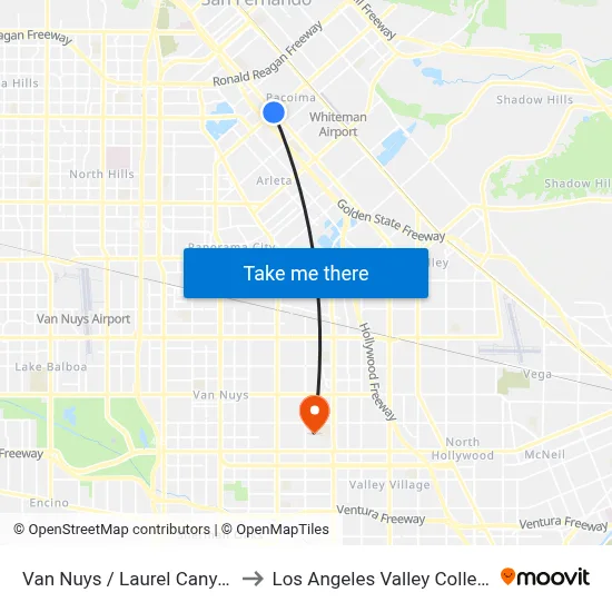 Van Nuys / Laurel Canyon to Los Angeles Valley College map