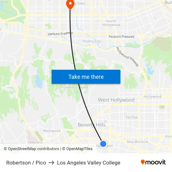 Robertson / Pico to Los Angeles Valley College map