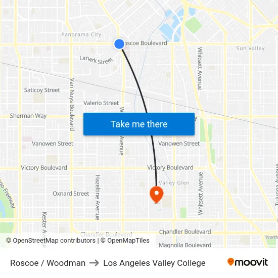 Roscoe / Woodman to Los Angeles Valley College map