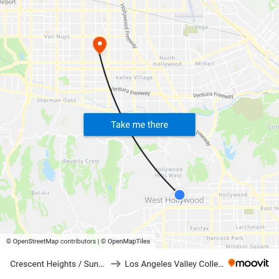 Crescent Heights / Sunset to Los Angeles Valley College map