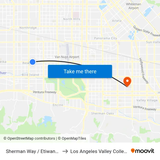 Sherman Way / Etiwanda to Los Angeles Valley College map