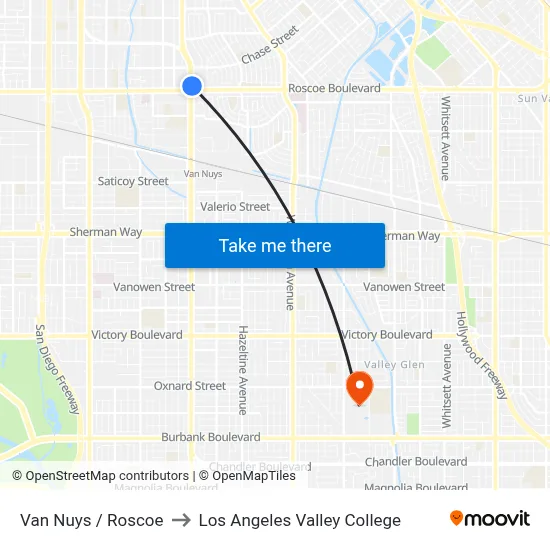 Van Nuys / Roscoe to Los Angeles Valley College map