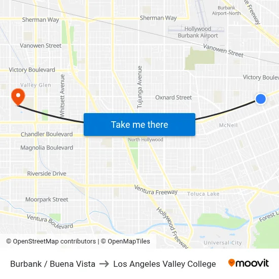 Burbank / Buena Vista to Los Angeles Valley College map