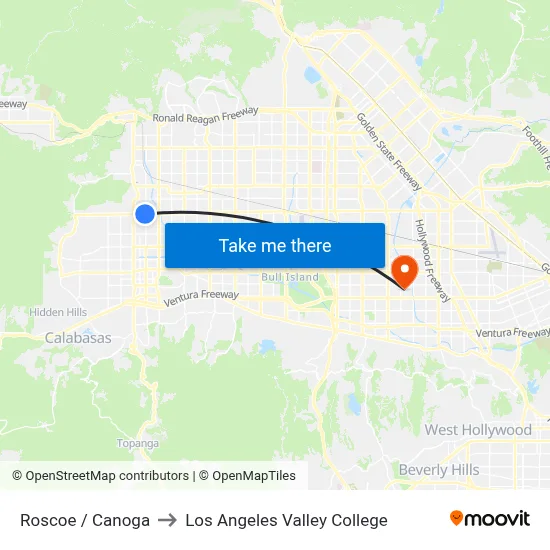 Roscoe / Canoga to Los Angeles Valley College map