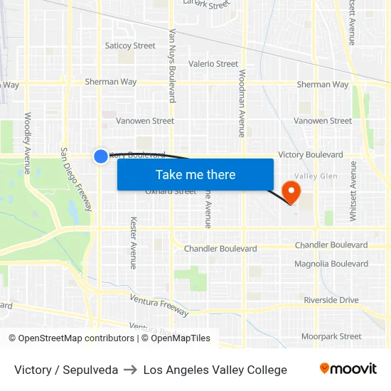 Victory / Sepulveda to Los Angeles Valley College map
