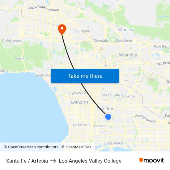 Santa Fe / Artesia to Los Angeles Valley College map