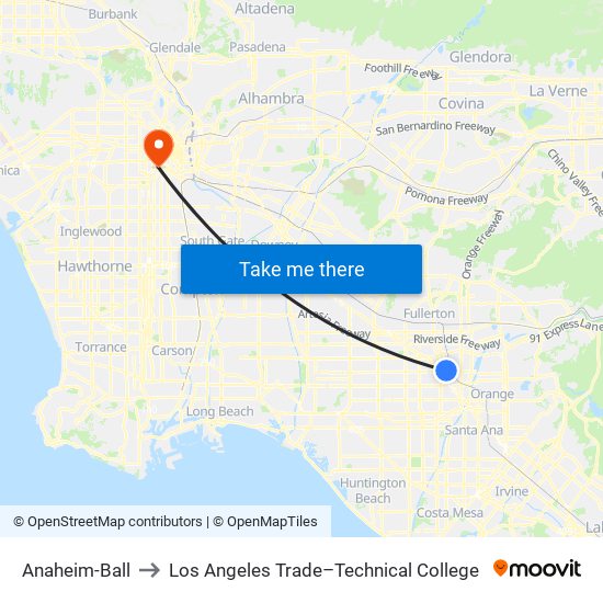 Anaheim-Ball to Los Angeles Trade–Technical College map